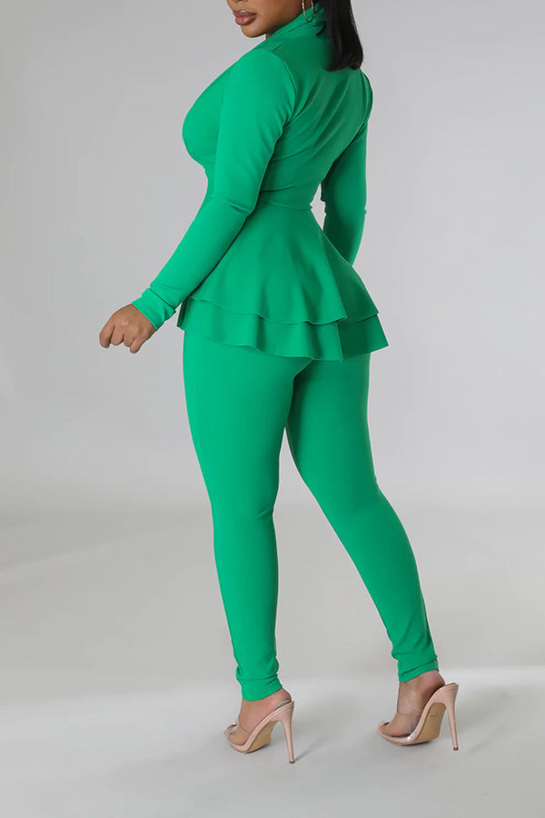 V-neck Irregular Ruffle Hem Pants Set