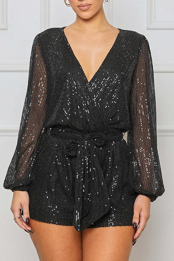 Sequin Mesh Stitching Belted Romper
