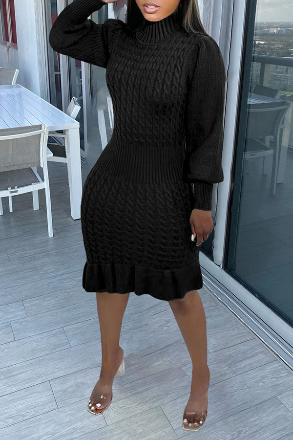 High Neck Cable Knit Ruffle Hem Dress