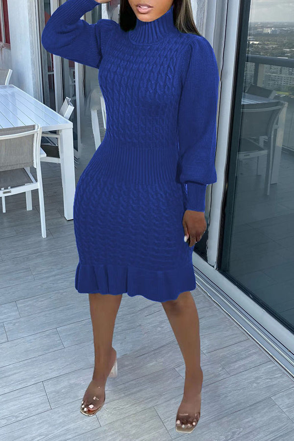 High Neck Cable Knit Ruffle Hem Dress