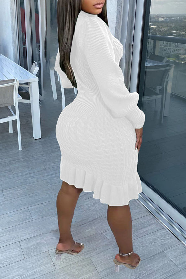 High Neck Cable Knit Ruffle Hem Dress