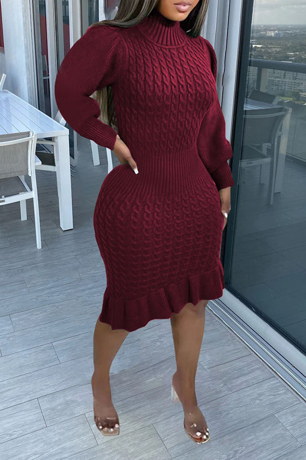High Neck Cable Knit Ruffle Hem Dress