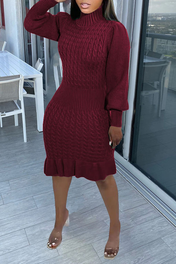 High Neck Cable Knit Ruffle Hem Dress