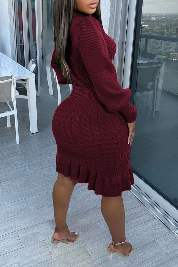 High Neck Cable Knit Ruffle Hem Dress