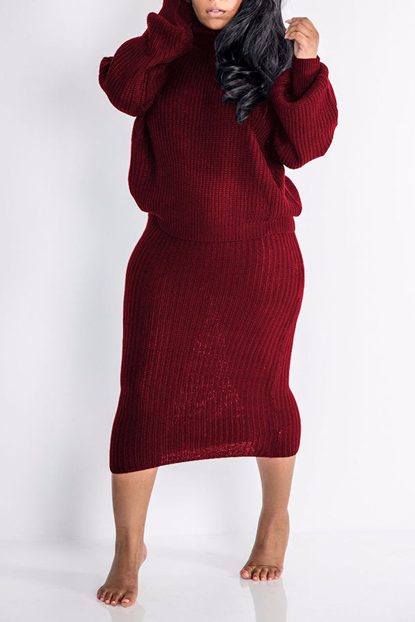 Turtle Neck Lantern Sleeve Sweater & Skirt Set