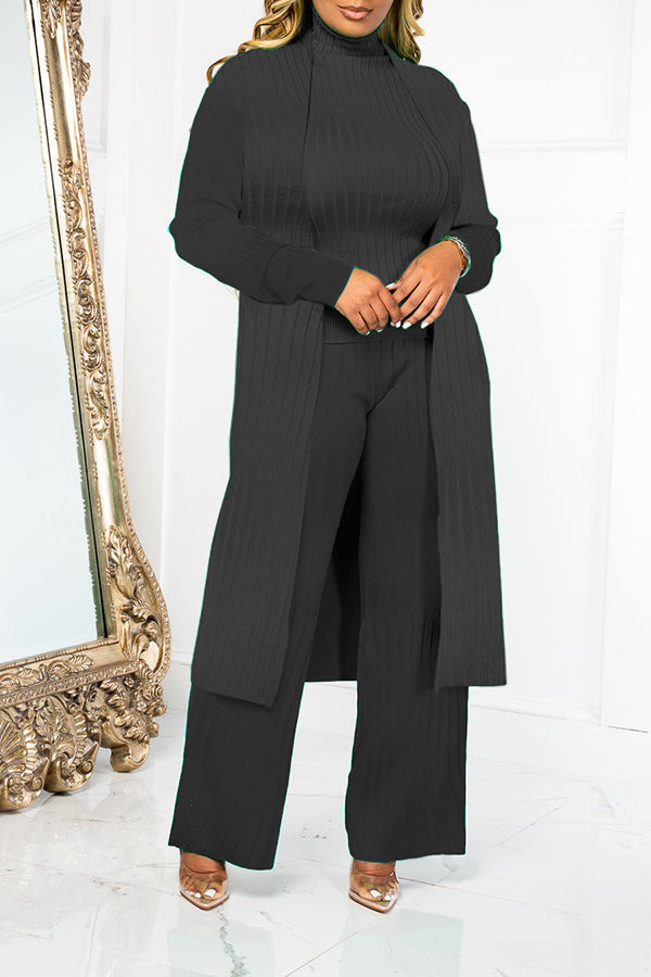 Trendy High Collar Rib-knit Cardigan Three-Piece set