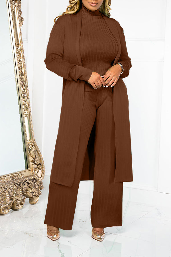 Trendy High Collar Rib-knit Cardigan Three-Piece set