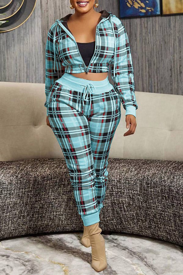 Plaid Zip Up Hoodie & Pants Set