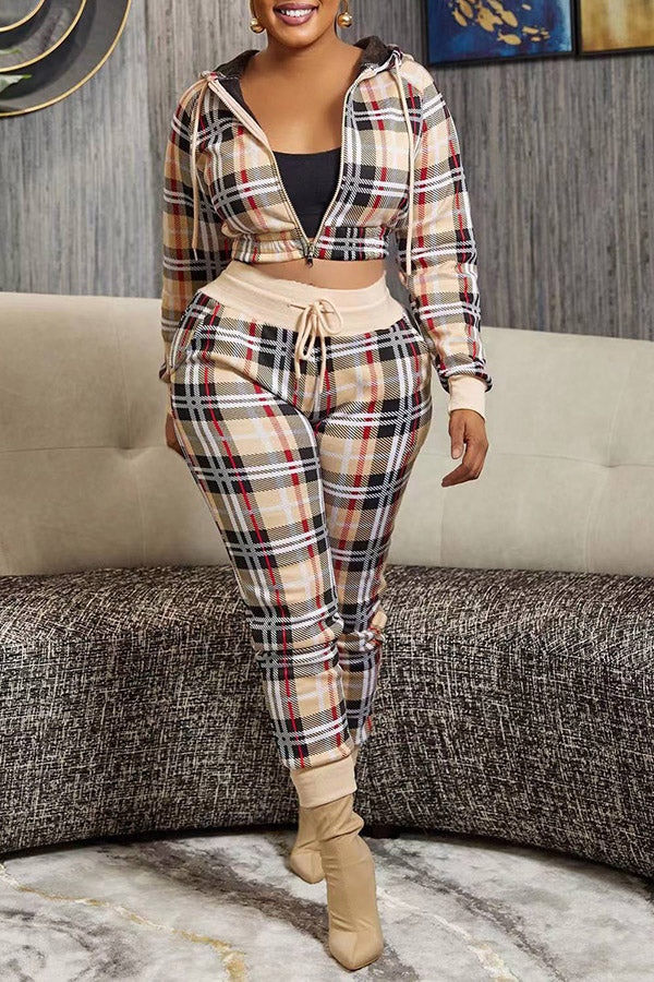 Plaid Zip Up Hoodie & Pants Set