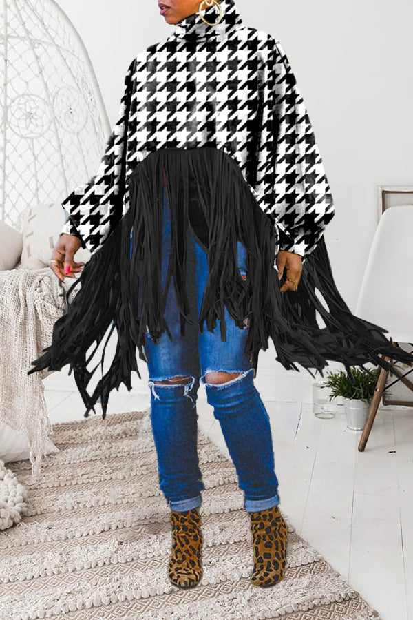 Stylish Print High Neck Fringe Trim Top