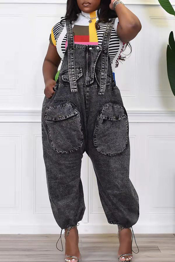 Flap Pocket Denim Harem Overalls