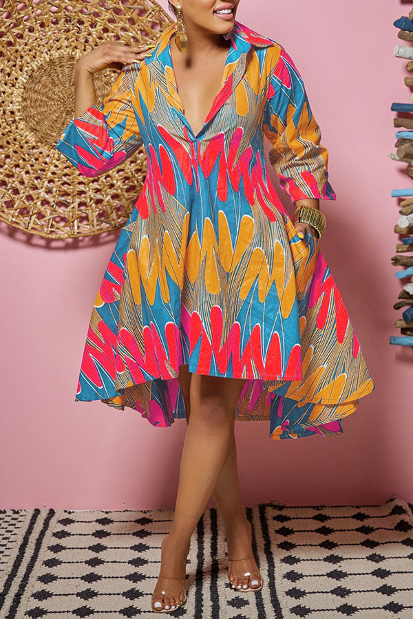 3/4 Sleeve Printed Shirt Dress
