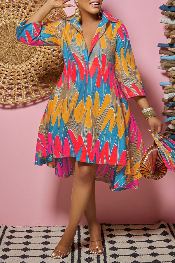 3/4 Sleeve Printed Shirt Dress