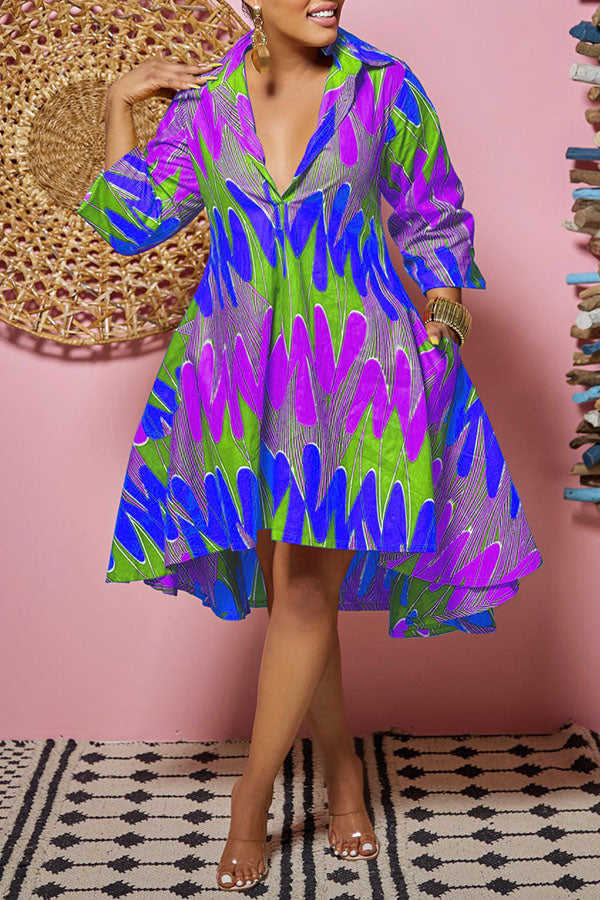 3/4 Sleeve Printed Shirt Dress