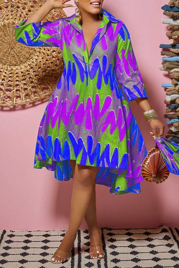 3/4 Sleeve Printed Shirt Dress