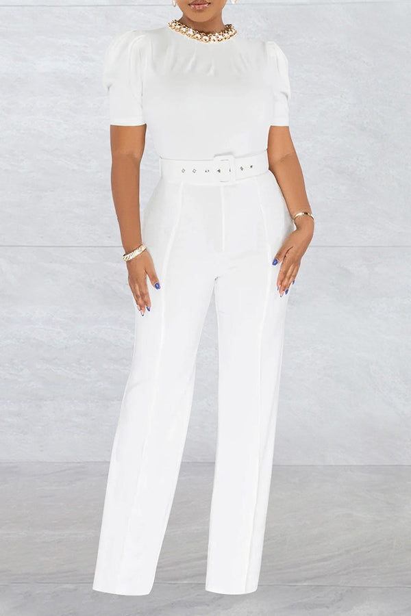 Stylish Puff Sleeve Chain Neck Belted Jumpsuit