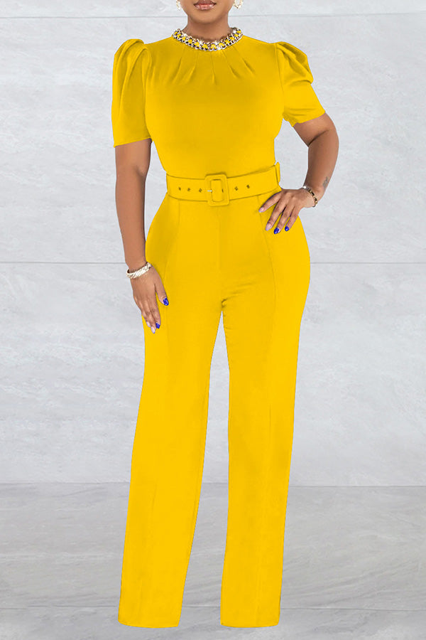 Stylish Puff Sleeve Chain Neck Belted Jumpsuit
