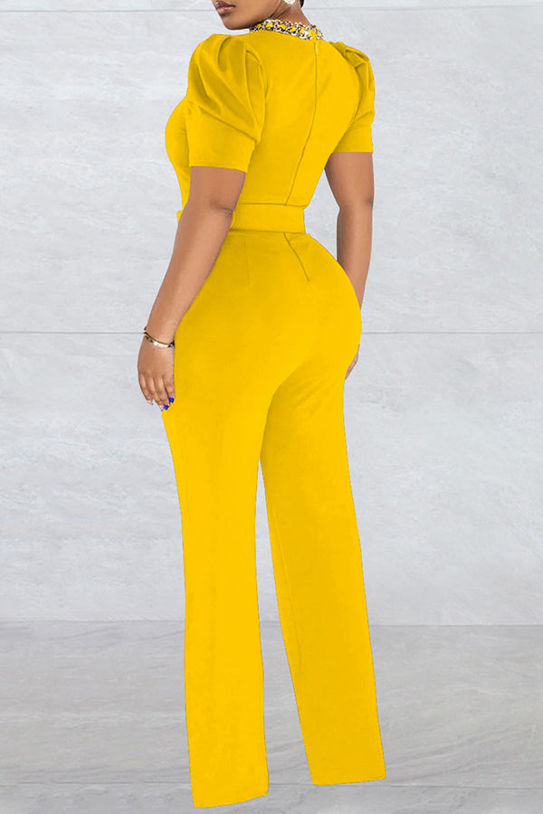 Stylish Puff Sleeve Chain Neck Belted Jumpsuit