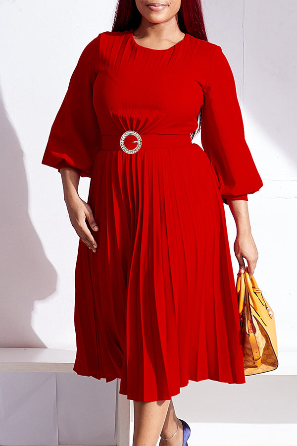 Elegant Lantern Sleeve Pleated Belted Dress