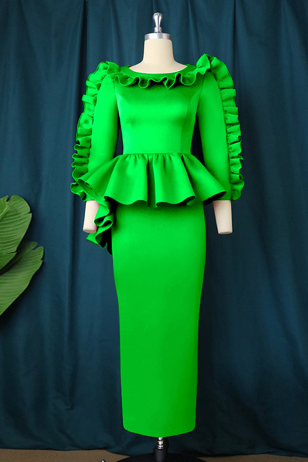 Elegant Ruffle Long Sleeve Midi Dress