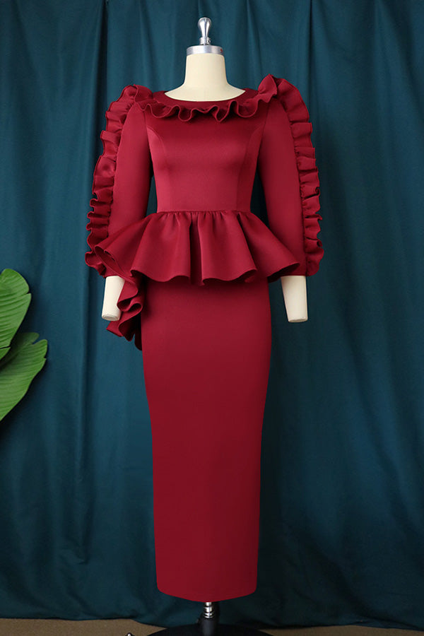 Elegant Ruffle Long Sleeve Midi Dress