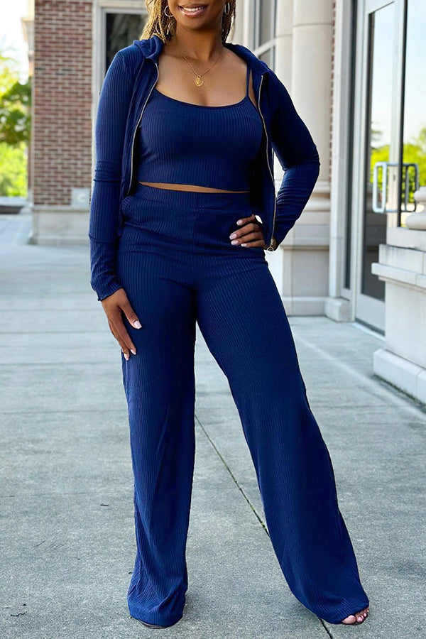 Ribbed Hooded Jacket & Camisole & Pants Set