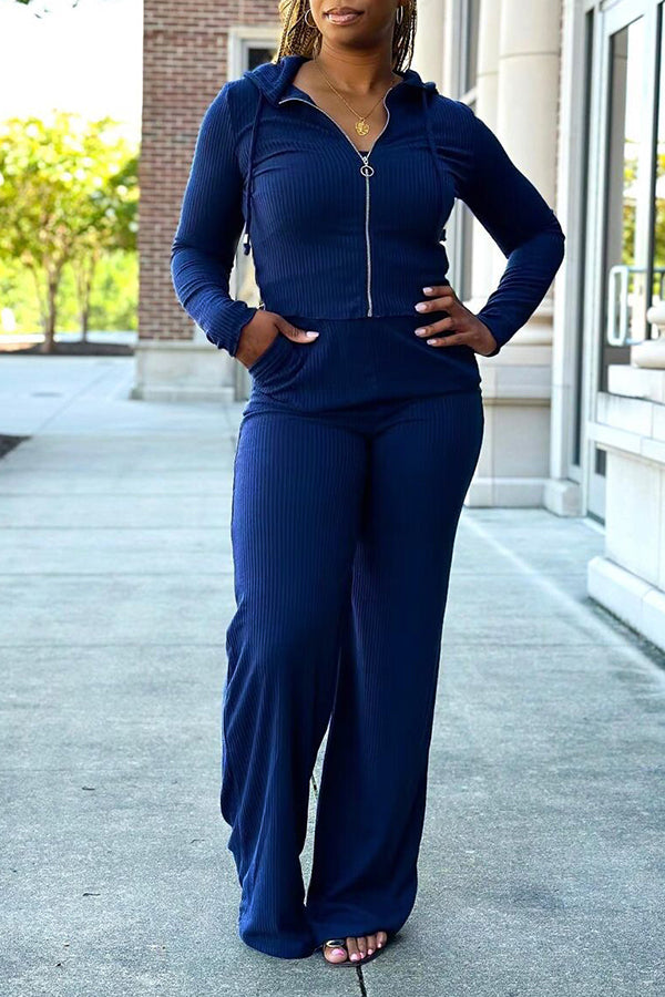 Ribbed Hooded Jacket & Camisole & Pants Set