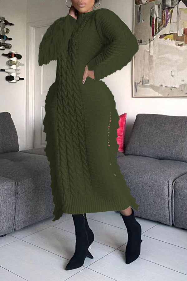 Cable Knit Fringe Trim Sweater Dress