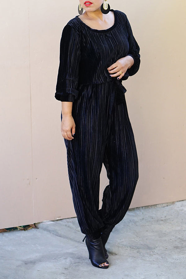 Textured Lantern Sleeve Belted Jumpsuit